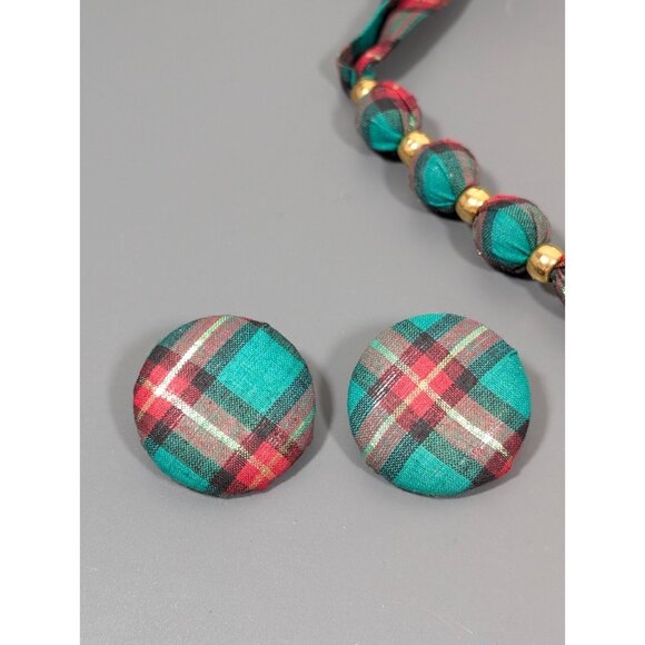 VTG Christmas Green Red Plaid Ribbon Tie Necklace Earring Set 26 in Pierced - Picture 3 of 7